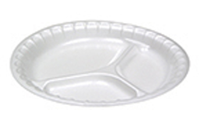 Pactiv 10.25&quot; Non-Laminated  Foam, 3 Comp. Plate, White - 